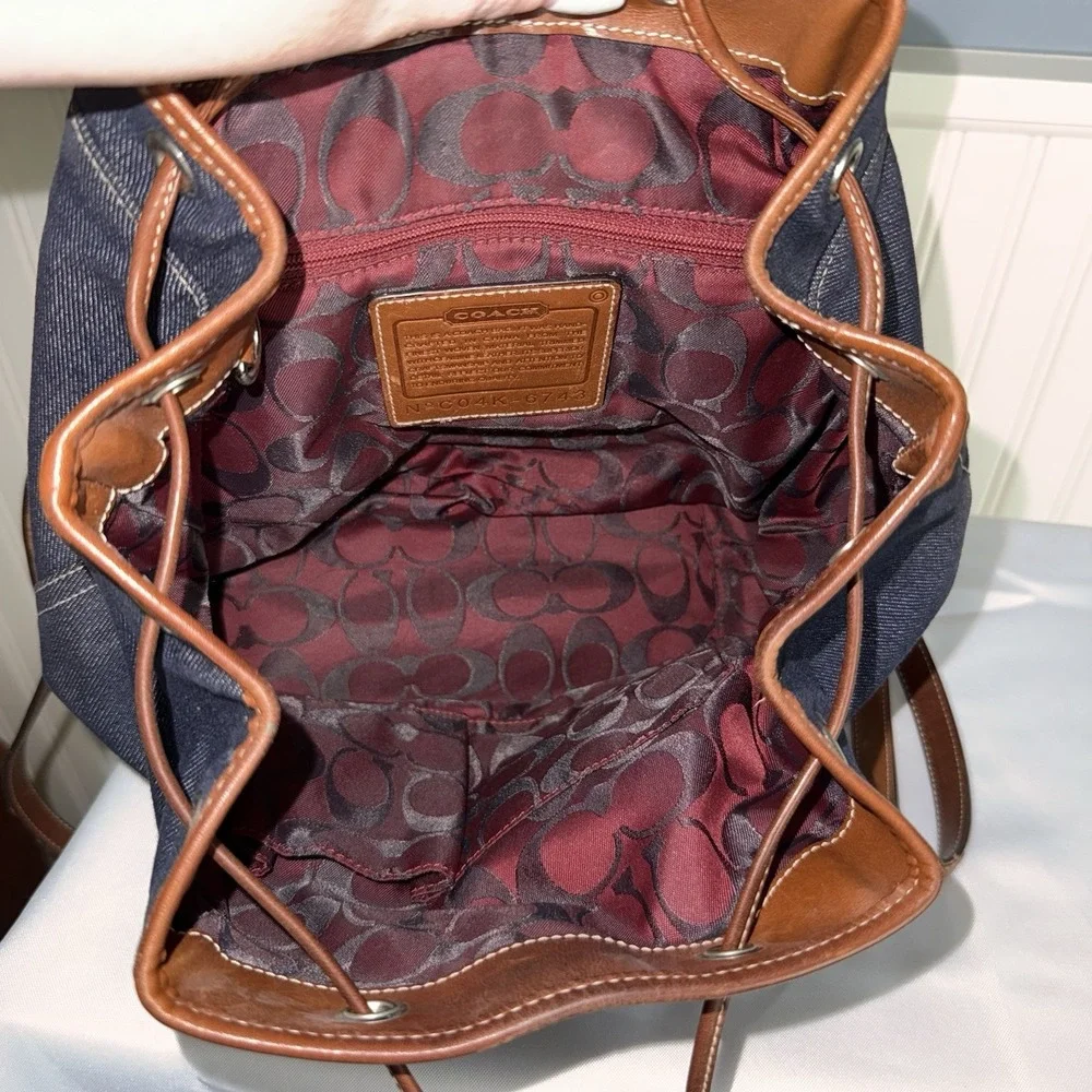 Vintage Coach Denim Blue Chambray Red Brown Leather Trim Backpack Purse 2004